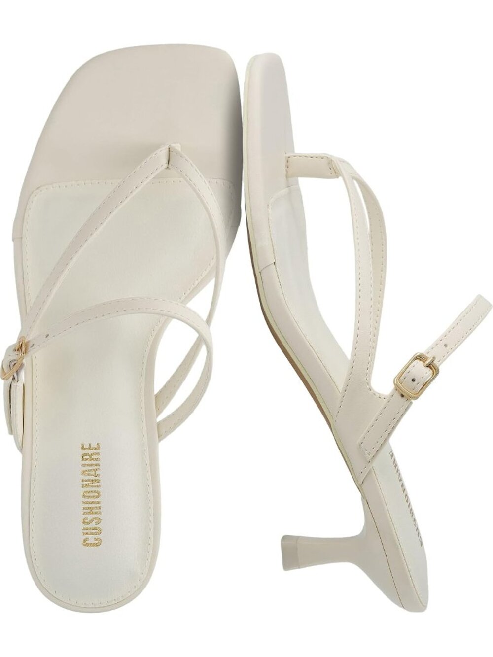 Women's Cream Madrid Kitten Heel Square Toe Comfortable Strappy Heels Sandals